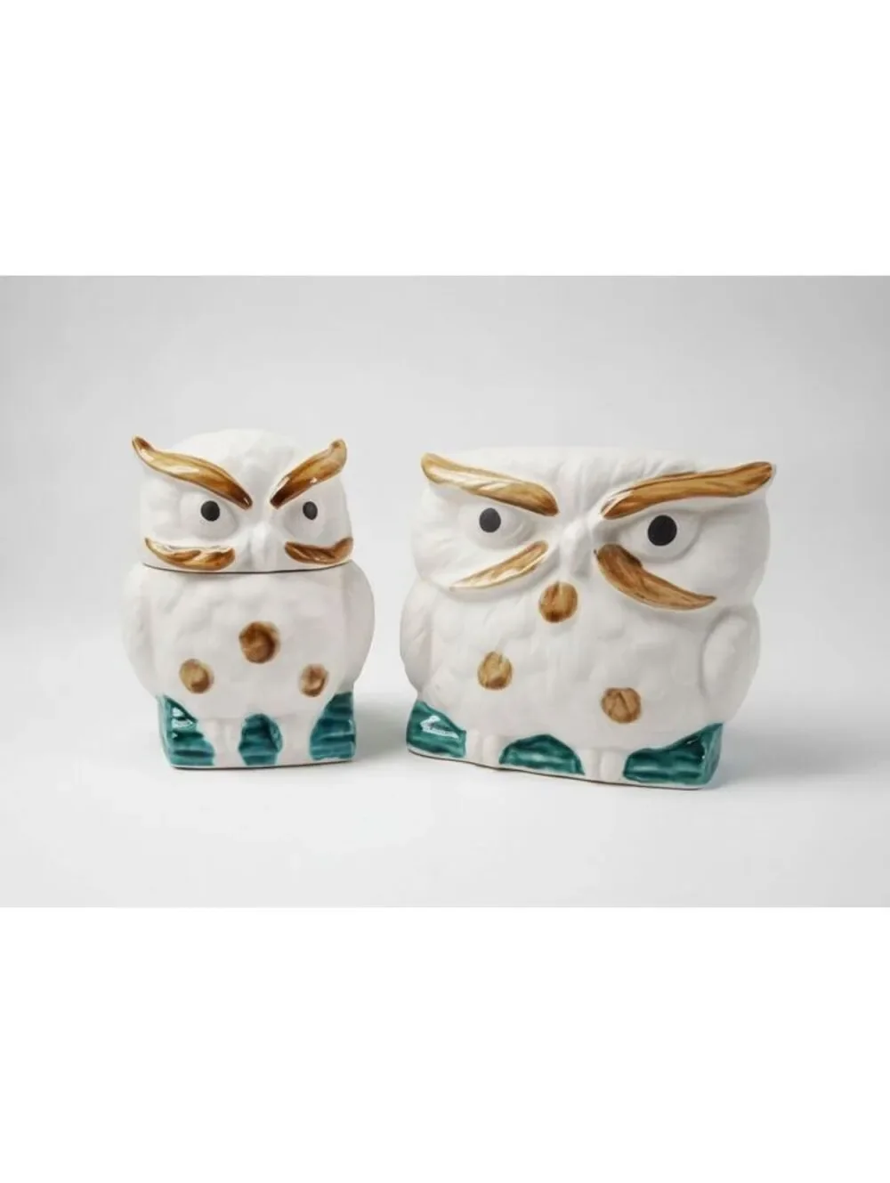 Vintage Set of Enesco Japanese Owls White Ceramic Condiment Bowl & Napkin Holder